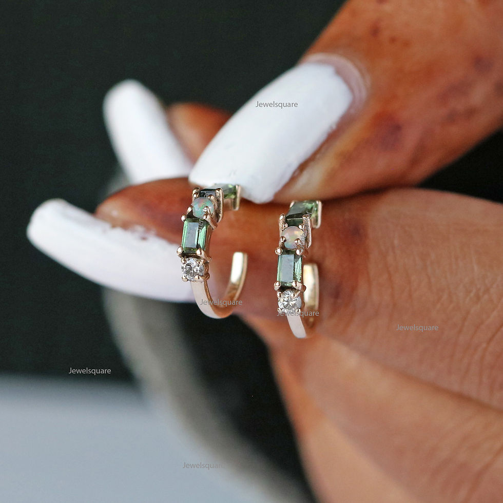 Thumbnail: Baguette Tourmaline, Opal & Diamond Open hoop Earrings in 14k Yellow Gold Fine
