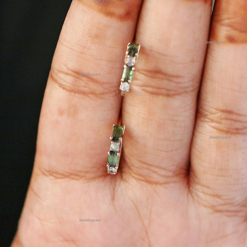 Thumbnail: Baguette Tourmaline, Opal & Diamond Open hoop Earrings in 14k Yellow Gold Fine