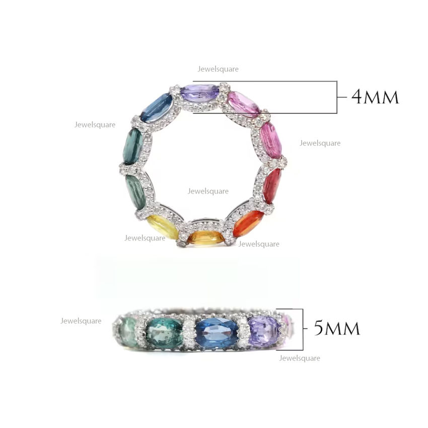 Thumbnail: Oval Shape Rainbow Sapphire With Diamonds Eternity Band, 14K Yellow Gold Ring