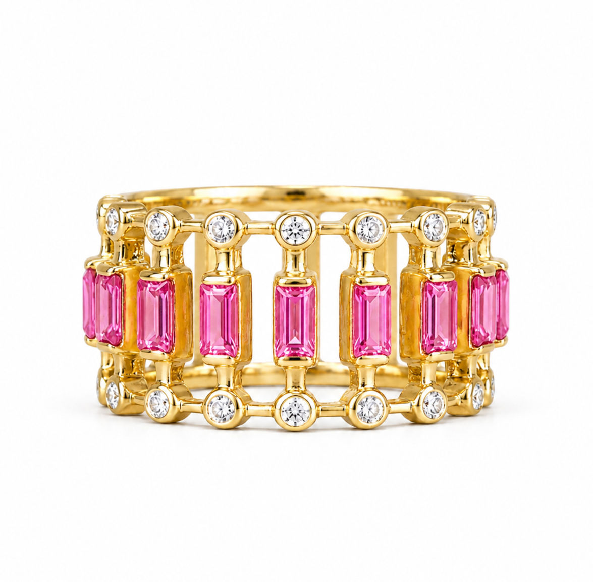 Baguette Pink Sapphire & Diamond Three Row Thick Band Ring Solid 14K Yellow Gold