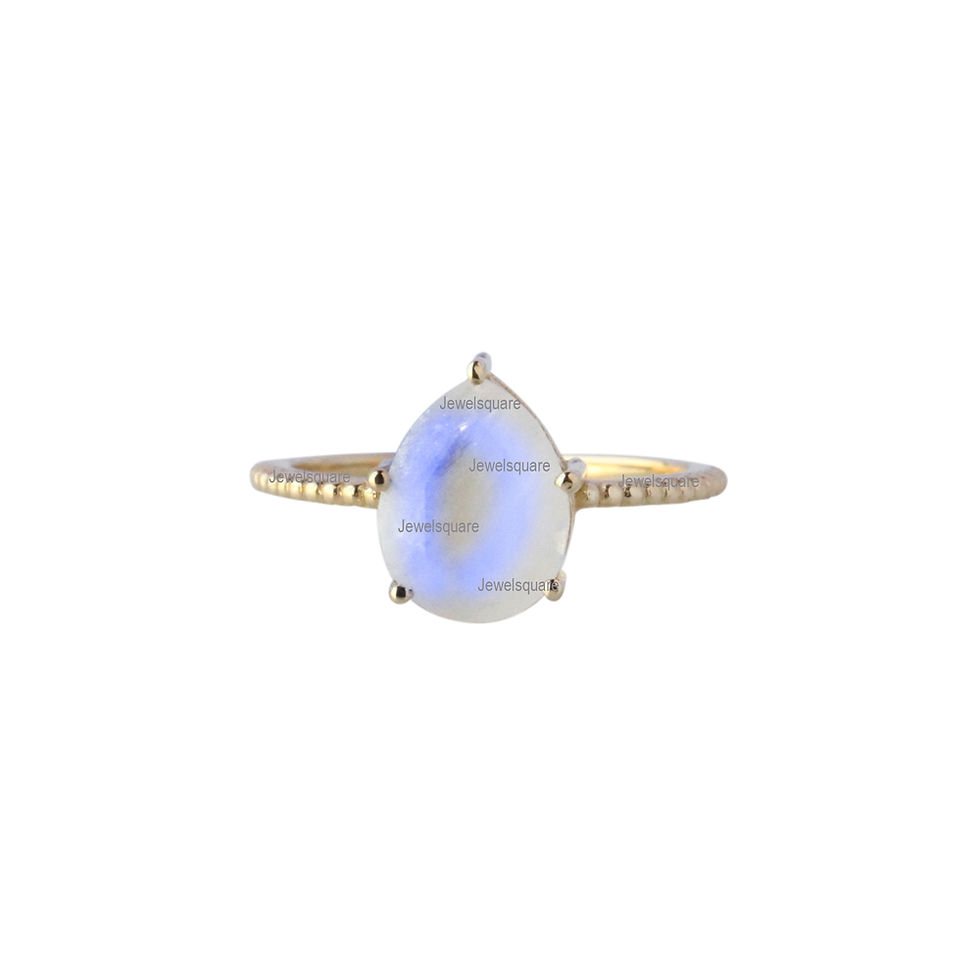 Thumbnail: 9x7mm Delicate Pear Rainbow Moonstone Beaded Band Wedding Ring Solid 14k Gold