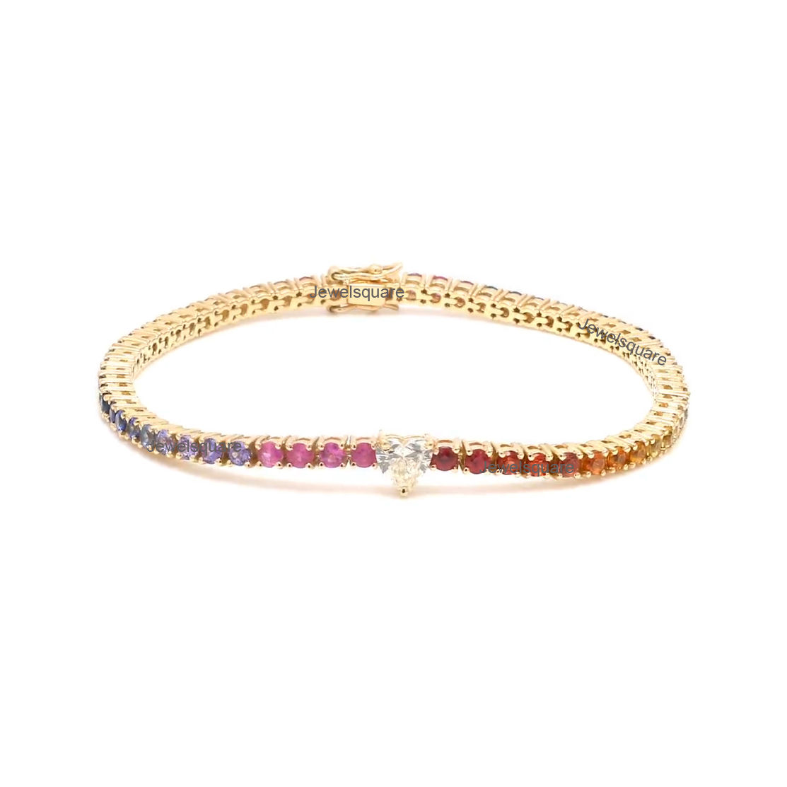 Heart Shape Diamond & Rainbow Sapphire Tennis Bracelet in 14K Yellow Gold Fine