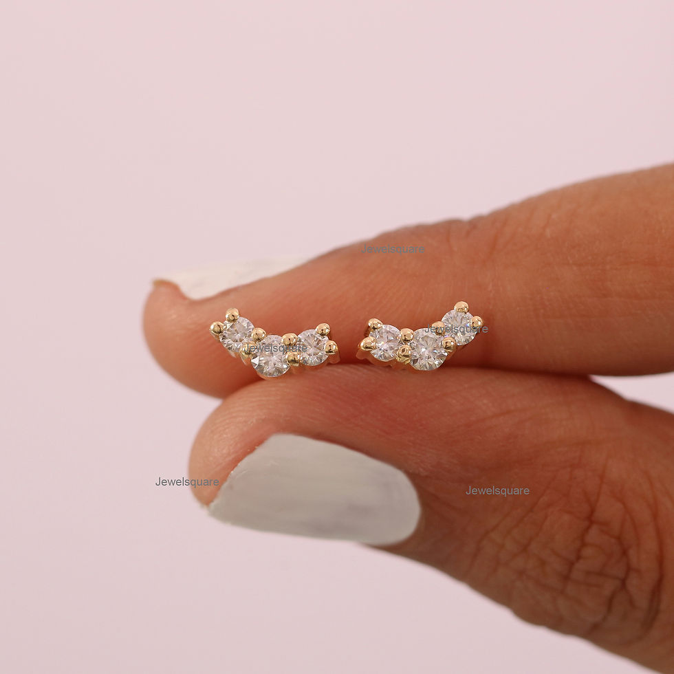 Thumbnail: Natural Trio Diamond Stud Earrings, 14k Gold Elongated Chain Earrings For Her