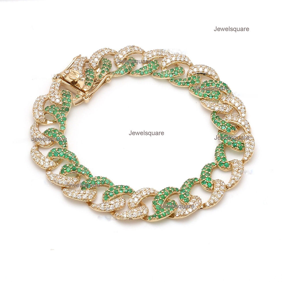 Thumbnail: Natural Pave Diamond & Emerald  Cuban Chain Tennis Bracelet In 14k Yellow Gold