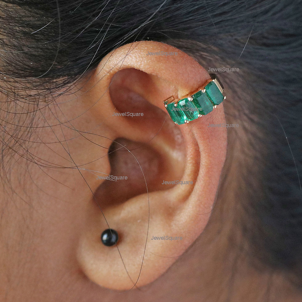 Thumbnail: 1.49ct Real Octagon Emerald Open Ear Cuff Earrings 14k Yellow Gold