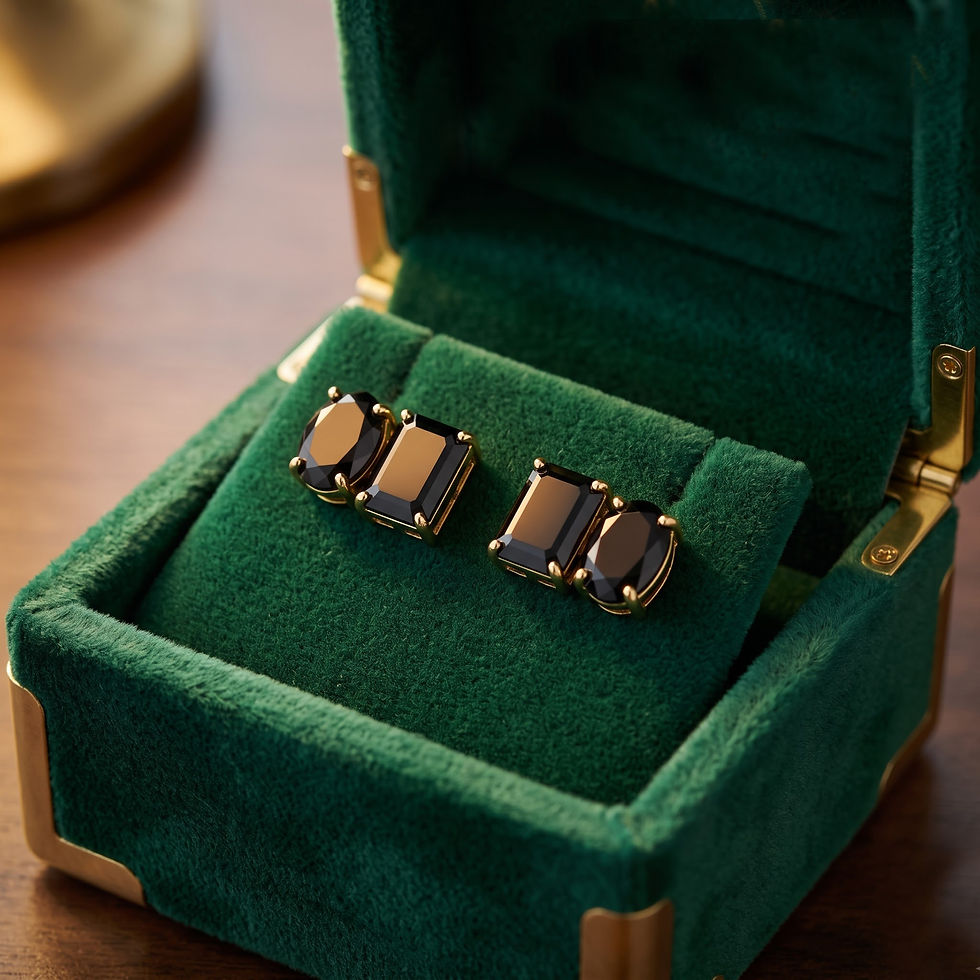 Thumbnail: Oval , Octagon Black Onyx Stud Earrings, Solid 14K Yellow Gold Two Stone Studs