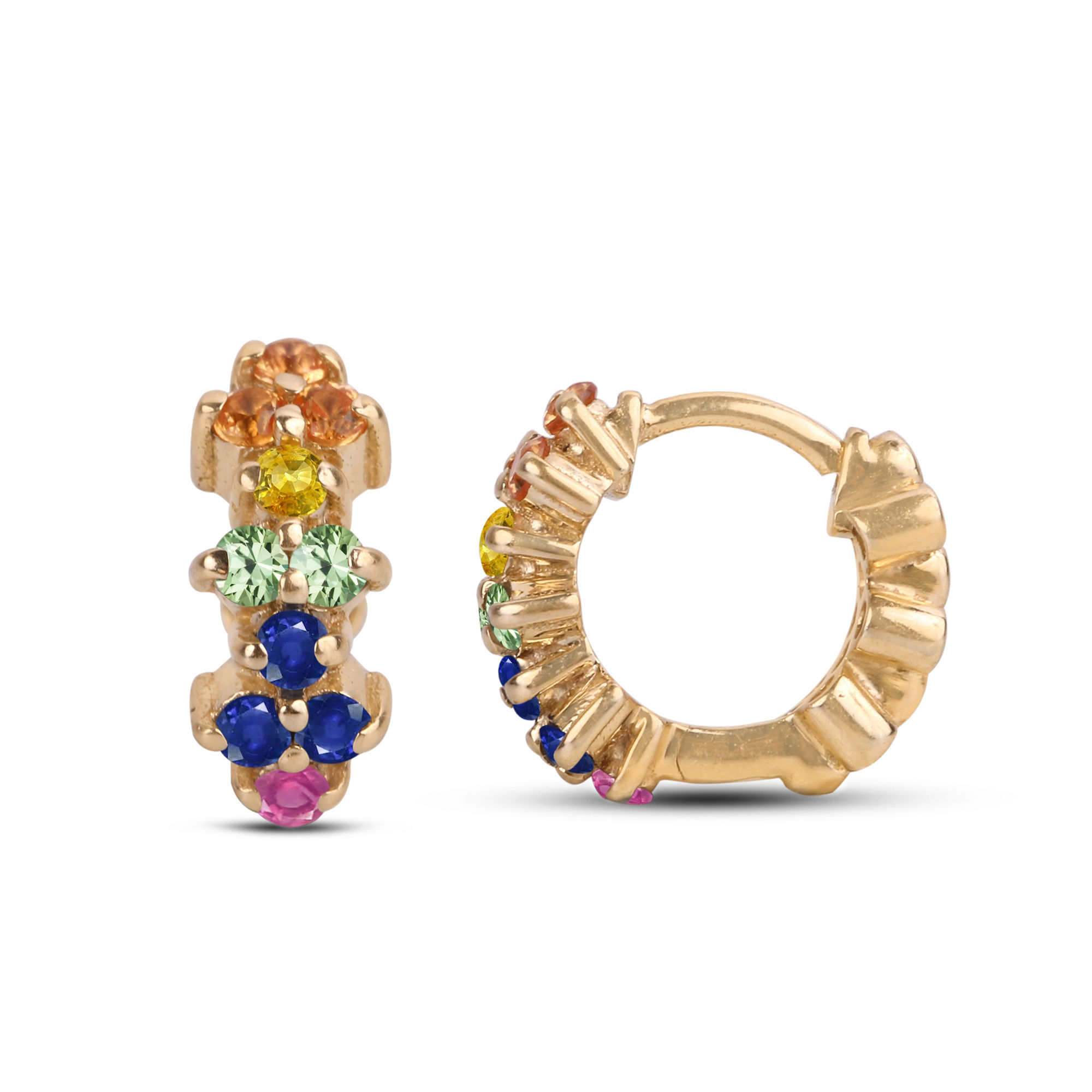 Rainbow Sapphire Huggie Hoop Earrings In 14K Yellow Gold Birthday Gift Jewelry
