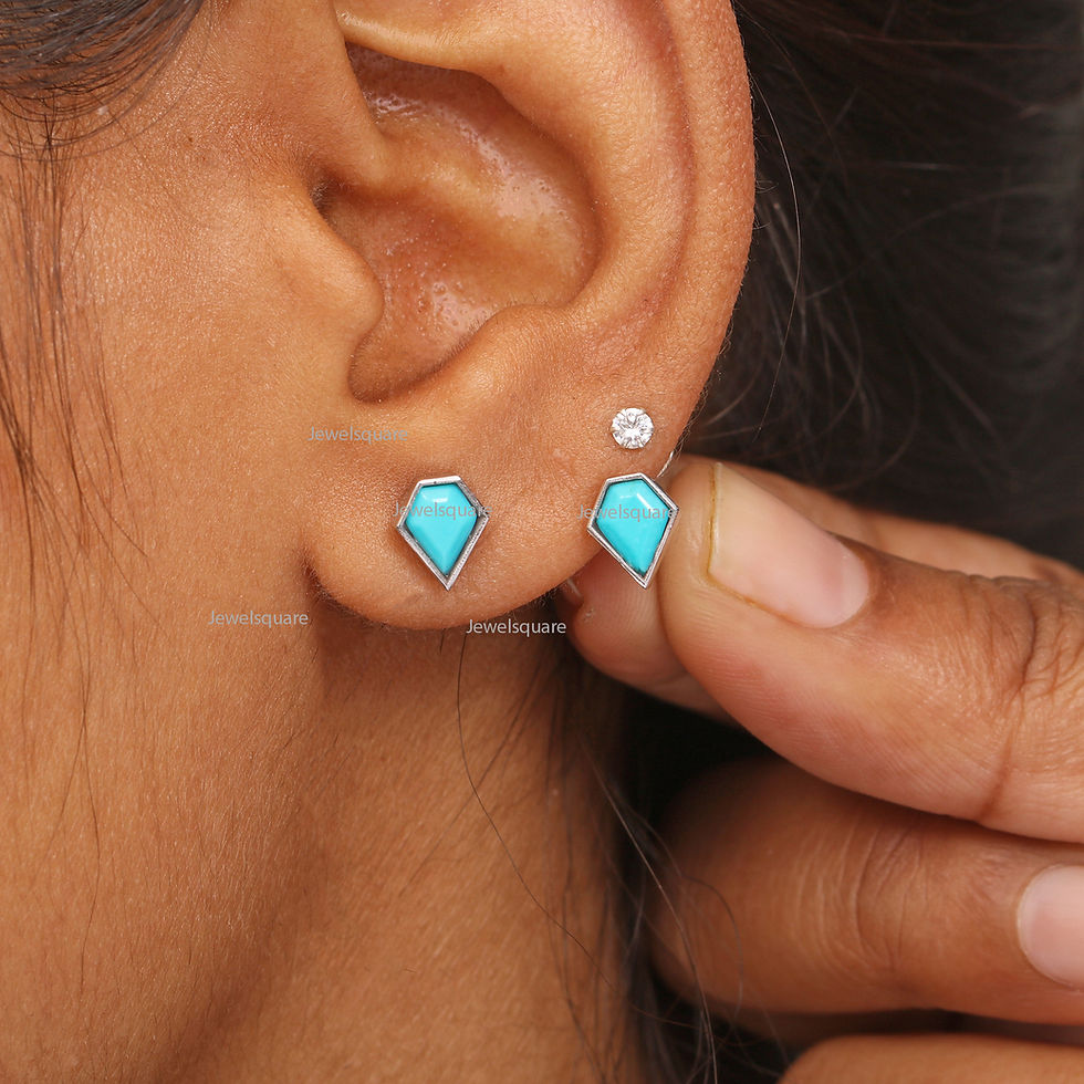 Thumbnail: 14k White Gold Kite Mini Studs Earrings, Natural Turquoise Pentagon Shape Studs