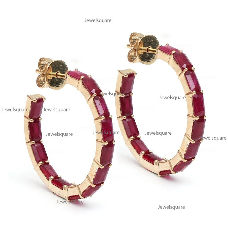 Thumbnail: Baguette Natural Ruby Inside Outside Half Hoops Earrings 14k Gold Open Ruby Hoop