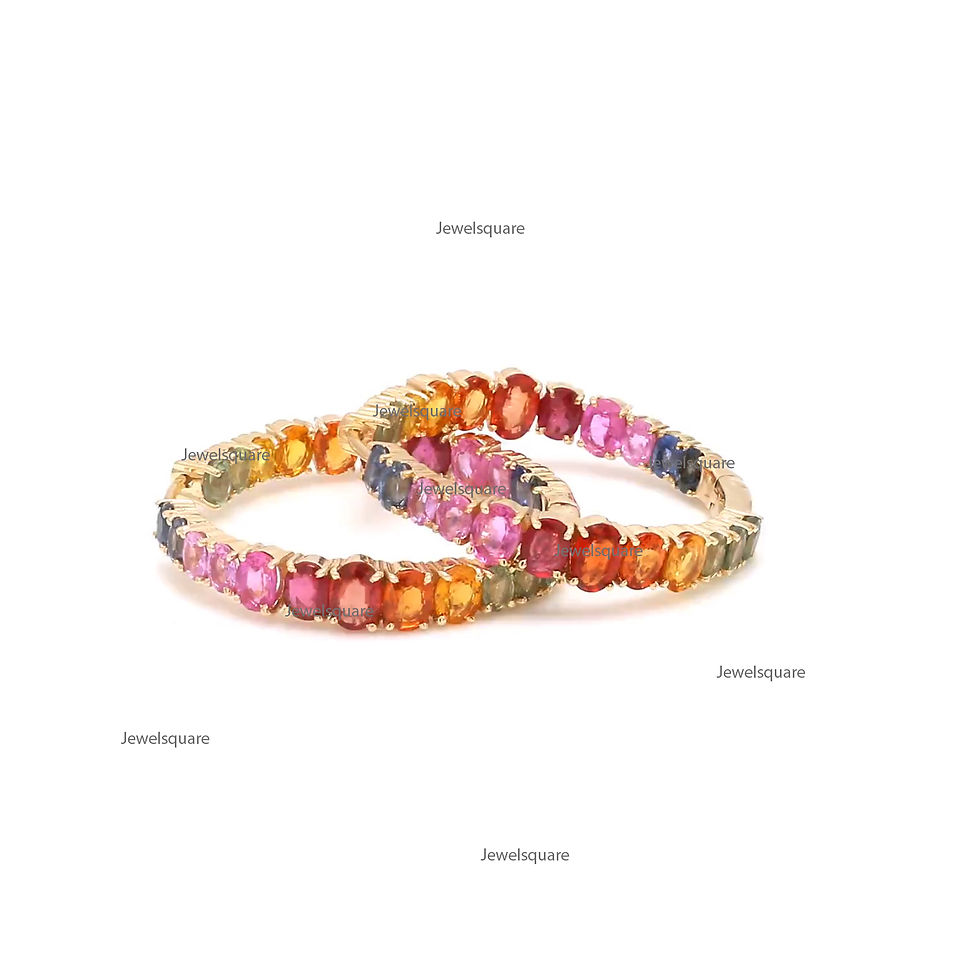 Thumbnail: Oval Real Rainbow Sapphire Inside Outside Big Graduating Hoops Earrings 14k Gold