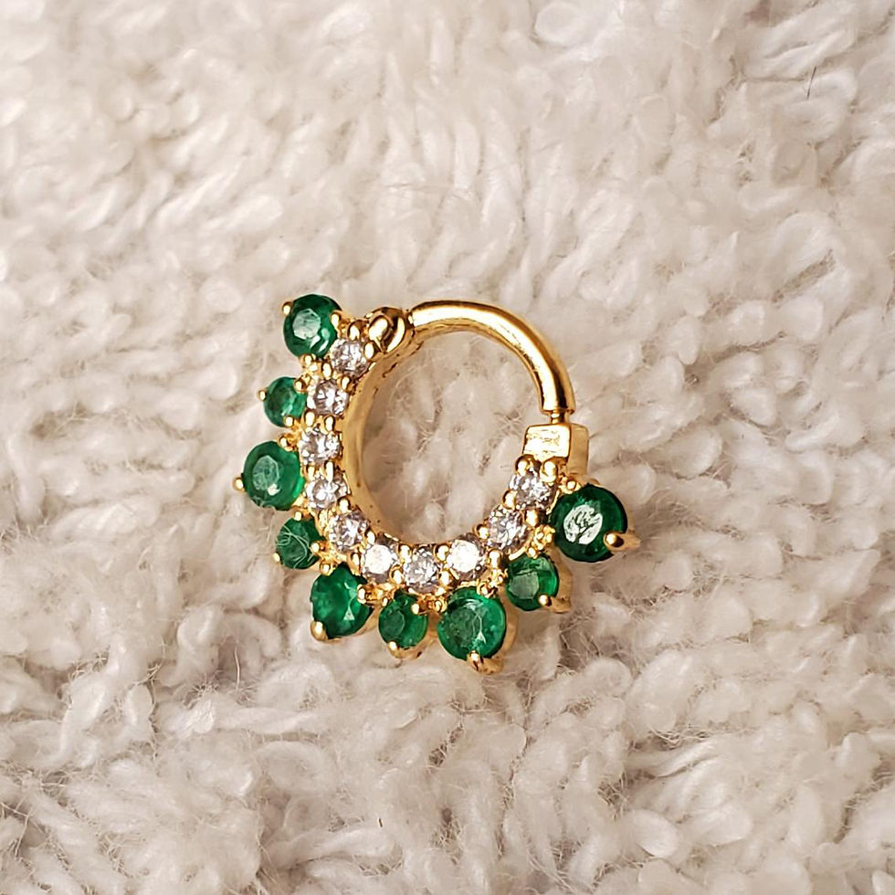 Thumbnail: Solid 14K Yellow Gold Zambian Emerald & Diamond Septum Hoop For Ear Daith, Helix