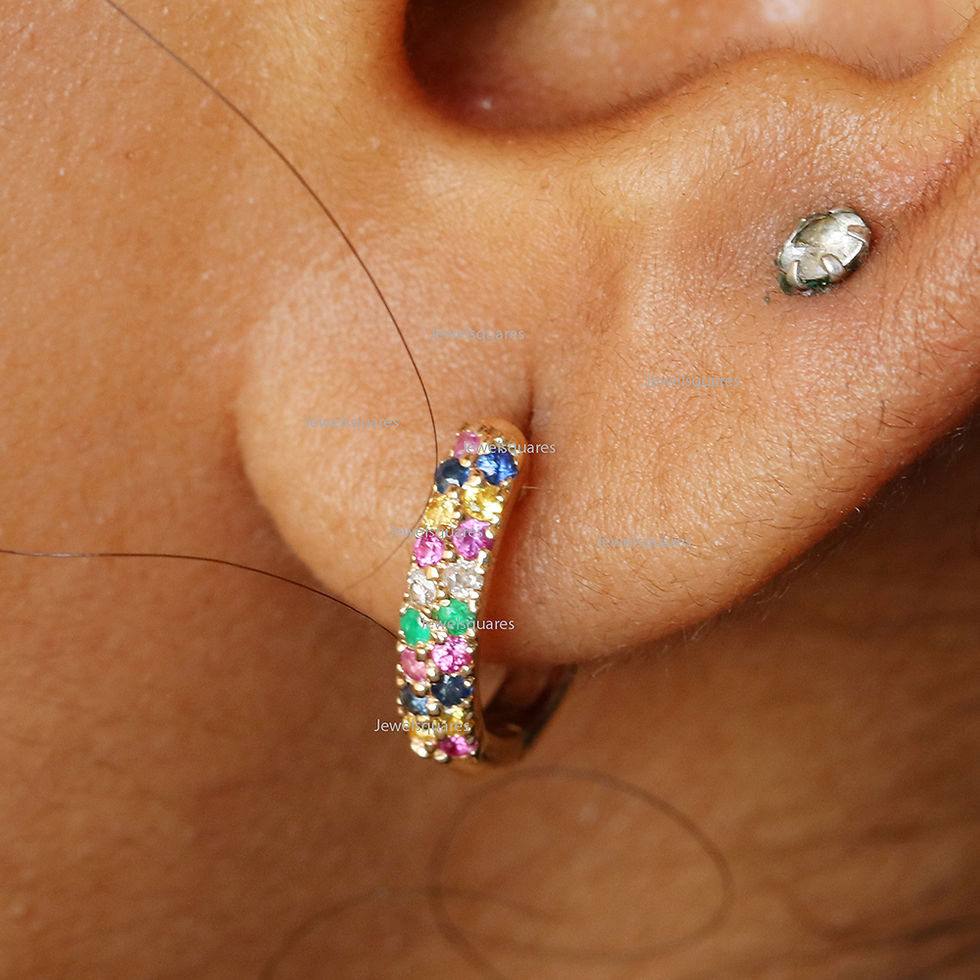 Thumbnail: Double Row Rainbow Sapphire Delicate Huggies Hoops in 14k Yellow Gold Earring.