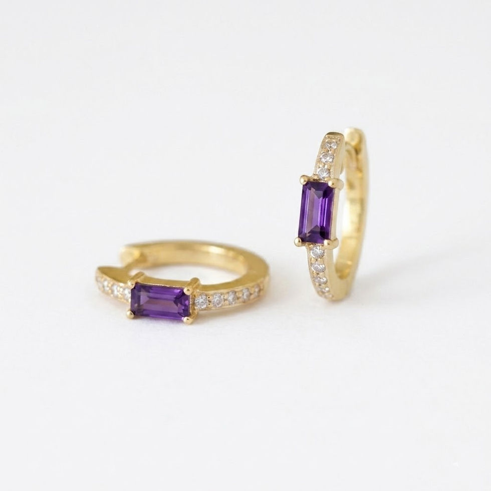 Thumbnail: Baguette Amethyst & Diamond Huggie Hoop Earrings, 14k Solid Yellow Gold Jewelry