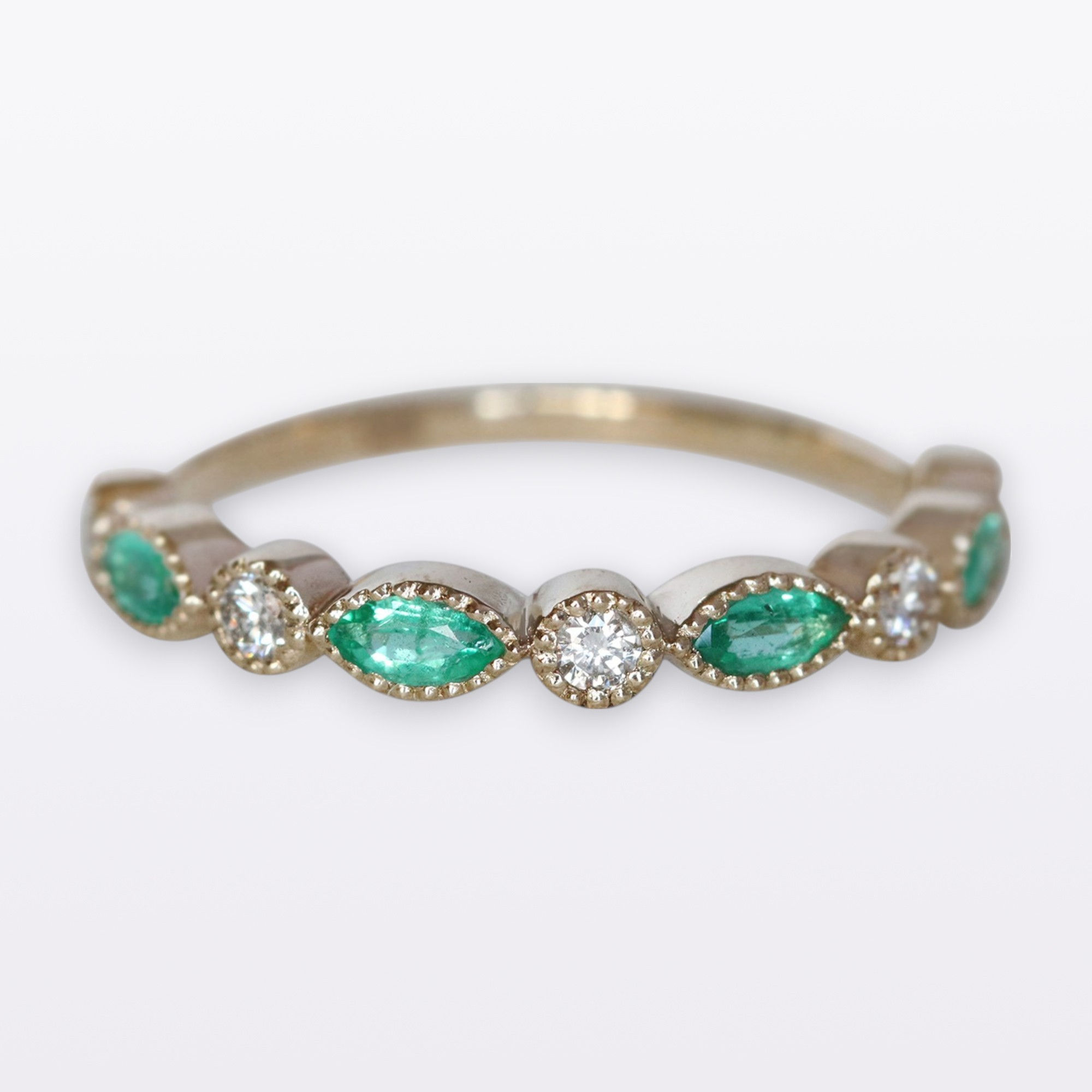 14K Solid Gold Eternity Ring, Marquise Emerald & Diamond Half Eternity Band Ring
