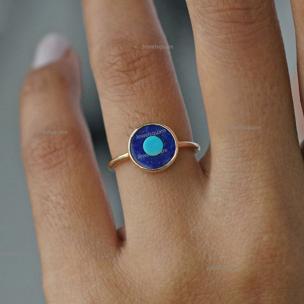Thumbnail: Natural Lapis Lazuli with Turquoise Evil Eye Disc Ring 14k Gold Third Eye Ring