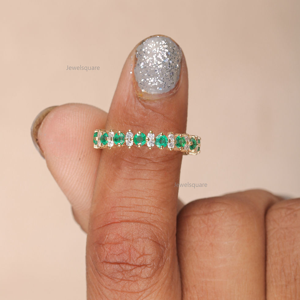 Thumbnail: Natural Emerald & Diamond Alternate Eternity Wedding Ring Stackable Band For Her