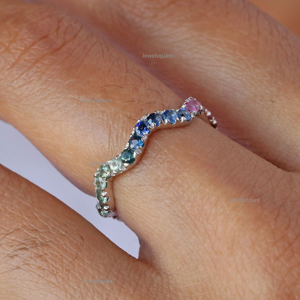 Thumbnail: Solid 14k Gold Natural Rainbow Gemstone Dainty Wave Band Ring Ombre Rainbow Ring