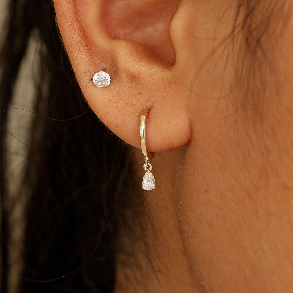 Thumbnail: 14k Yellow Gold Pear Diamond Drop Hoop Earrings, Dainty Drop Dangle Huggie Hoops