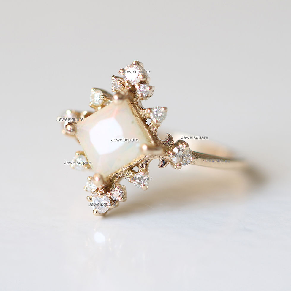 Thumbnail: Princess Opal & Diamond Cushion Ring in Solid 14k Yellow Gold Prong Set Ring.