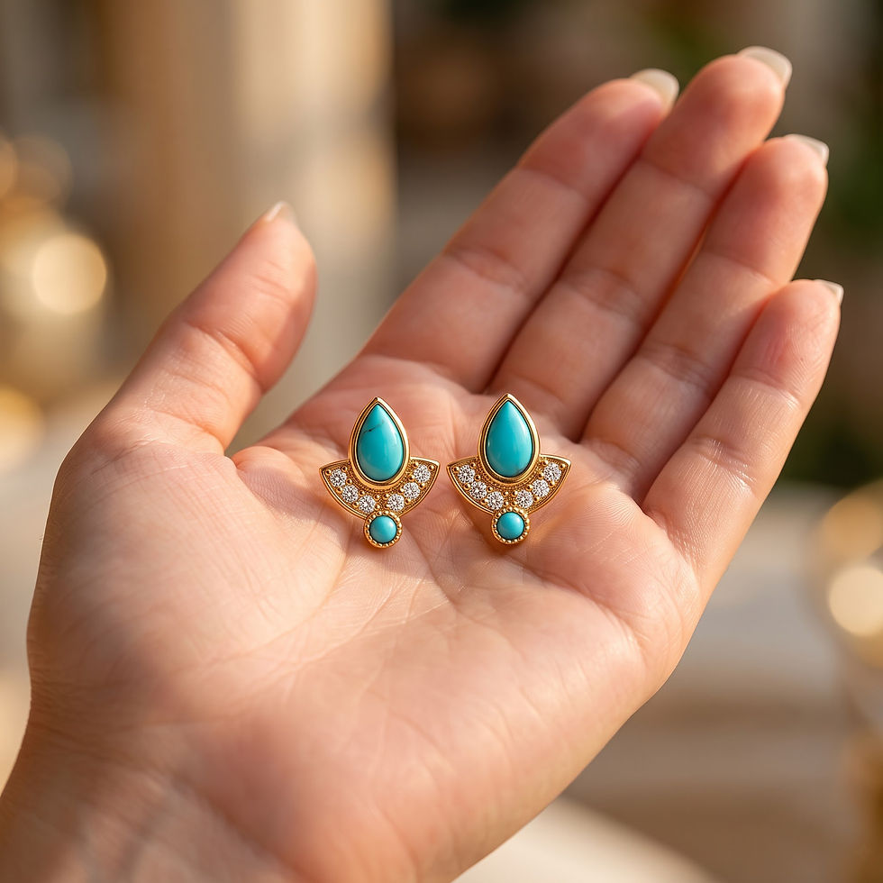 Thumbnail: Pear Turquoise  & Diamond Crown Stud Earrings 14k Yellow Gold Handmade Jewelry
