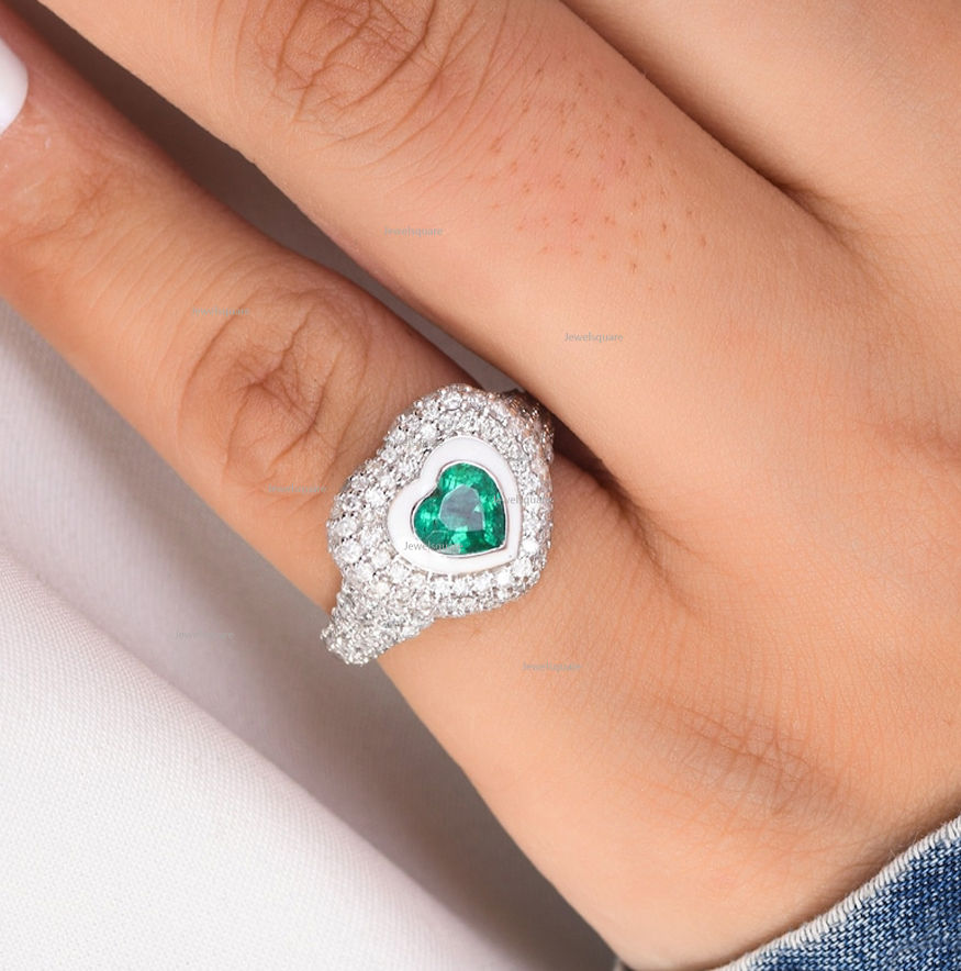 Thumbnail: Solitaire Heart Emerald & Studded Natural Diamond Signet Ring 14k White Gold