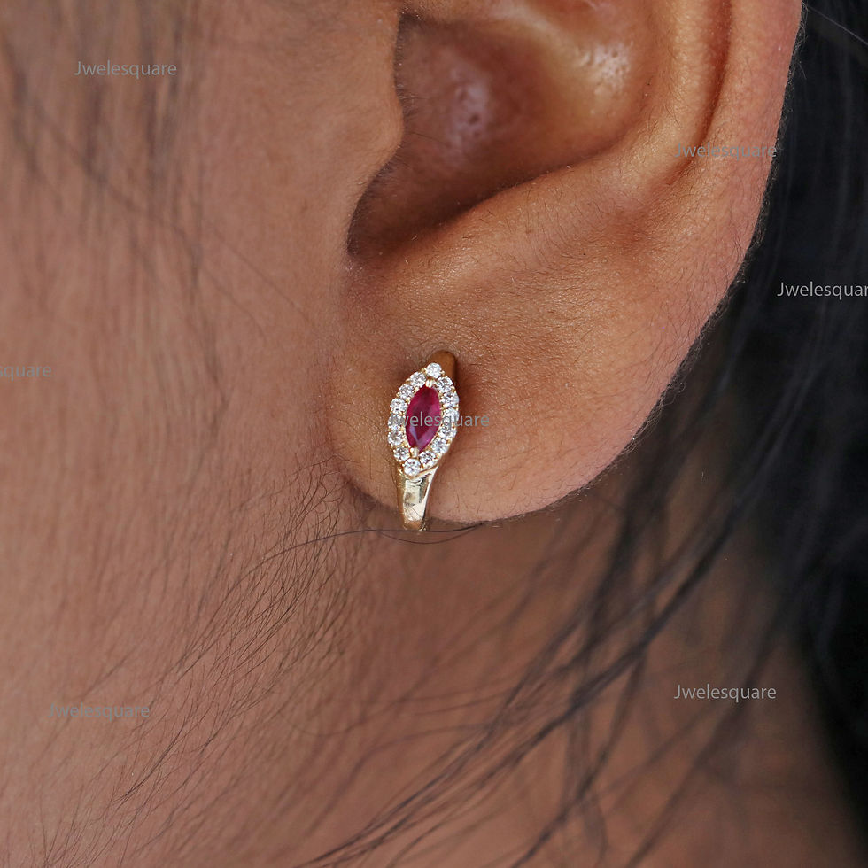 Thumbnail: Marquise Ruby & Diamond Hoop Earring Solid 14k Yellow Gold Jewelry.