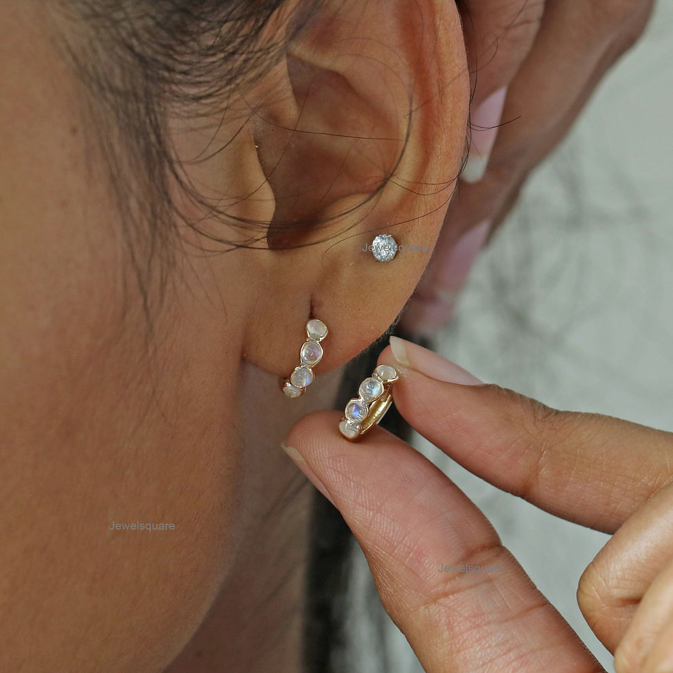 Thumbnail: Uneven Shape Rainbow Moonstone Solid Gold Hoops Earring 14k Yellow Gold Huggies
