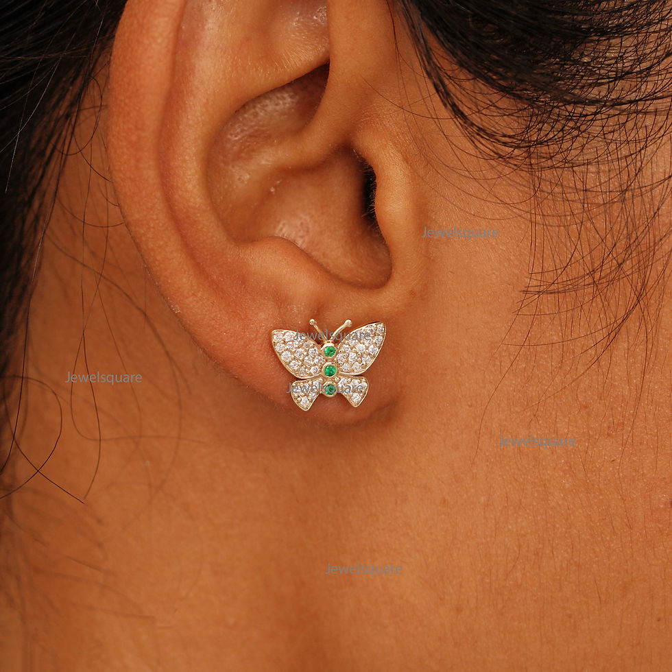 Thumbnail: Diamond & Emerald Butterfly Studs Earrings in 14k Yellow Gold Fine Jewelry