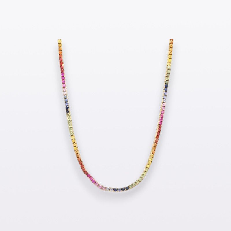 Natural Rainbow Sapphire Ombre Tennis 14K Solid Yellow Gold Necklace