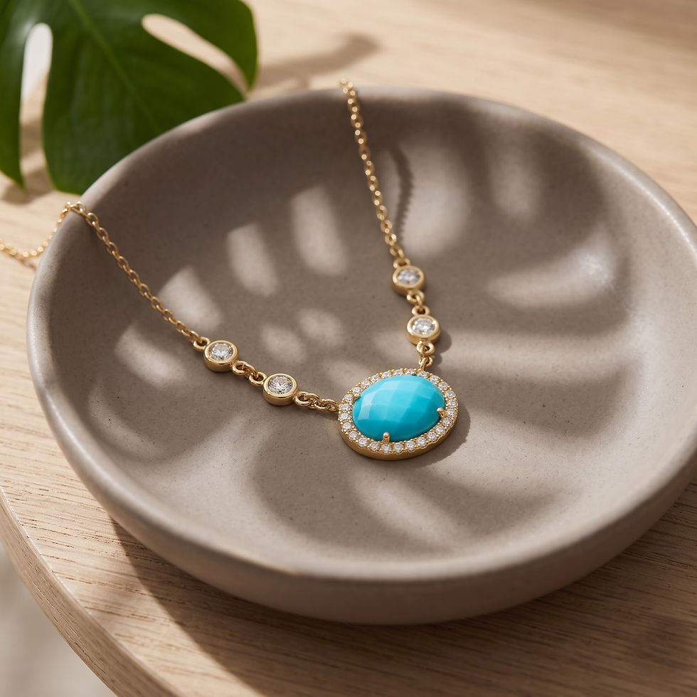Thumbnail: Solid 14k Yellow Gold Oval Turquoise & Station Diamond Halo Chain Necklace