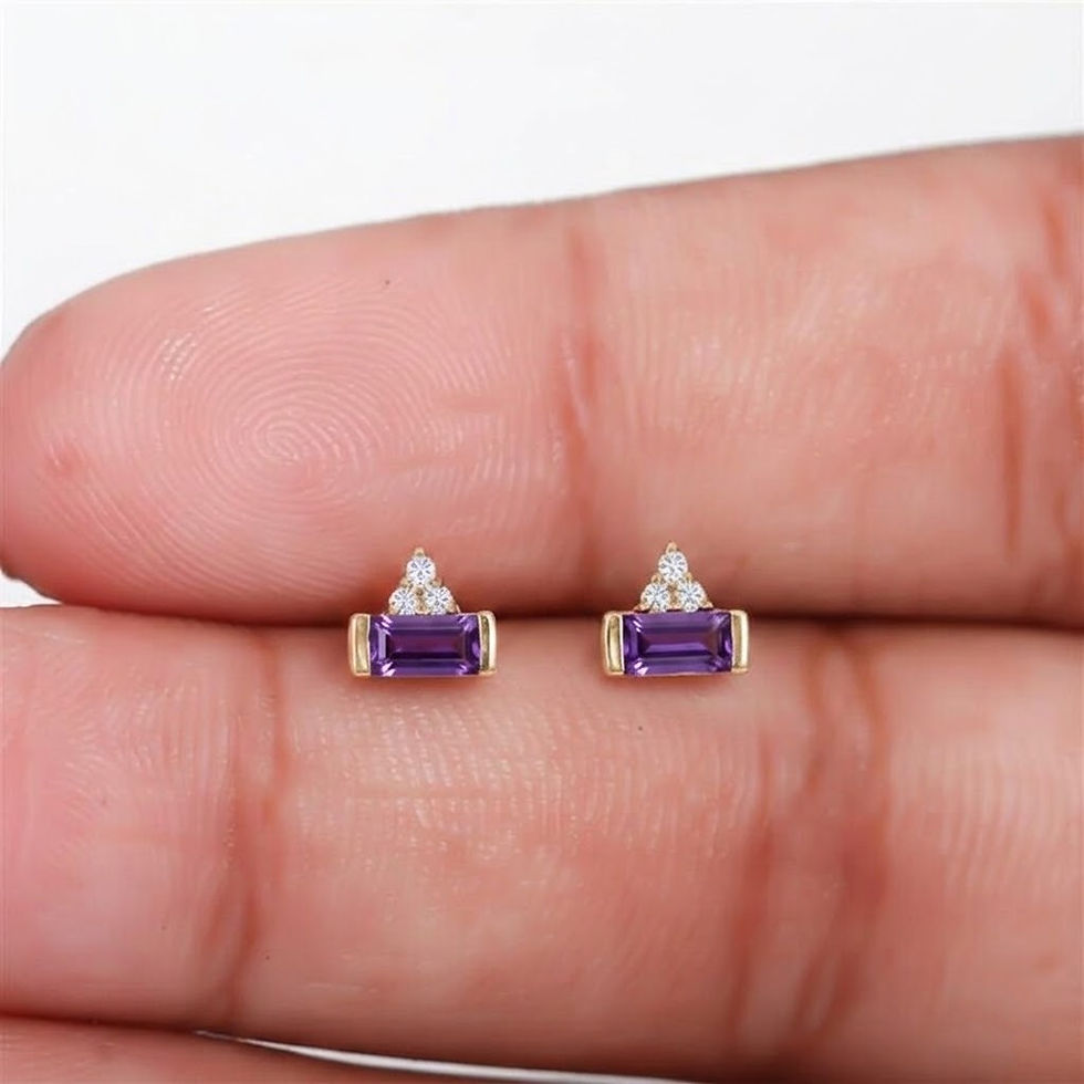 Thumbnail: Baguette Cut Amethyst &Trio Diamond Studs Earrings, Solid 14kYellow Gold Jewelry