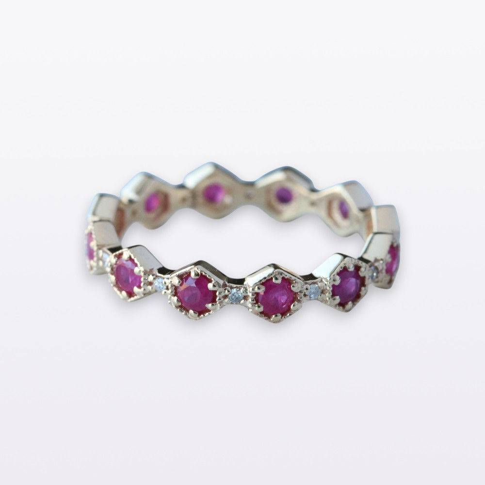 Hexagon Pink Ruby & Diamond Full Eternity Band Ring in 14k Yellow Solid Gold
