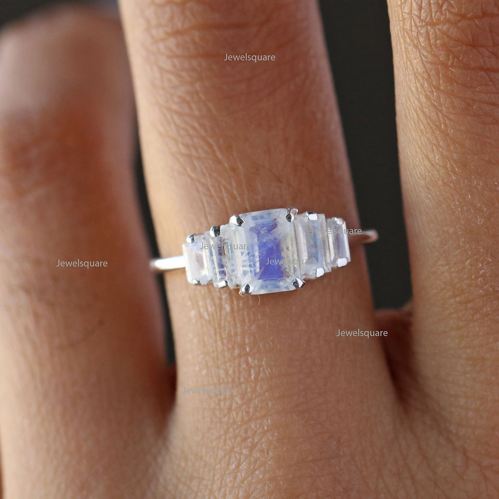 Thumbnail: Emerald Cut 7x5mm Natural Rainbow Moonstone Wedding Band Ring 14k Gold Jewelry.