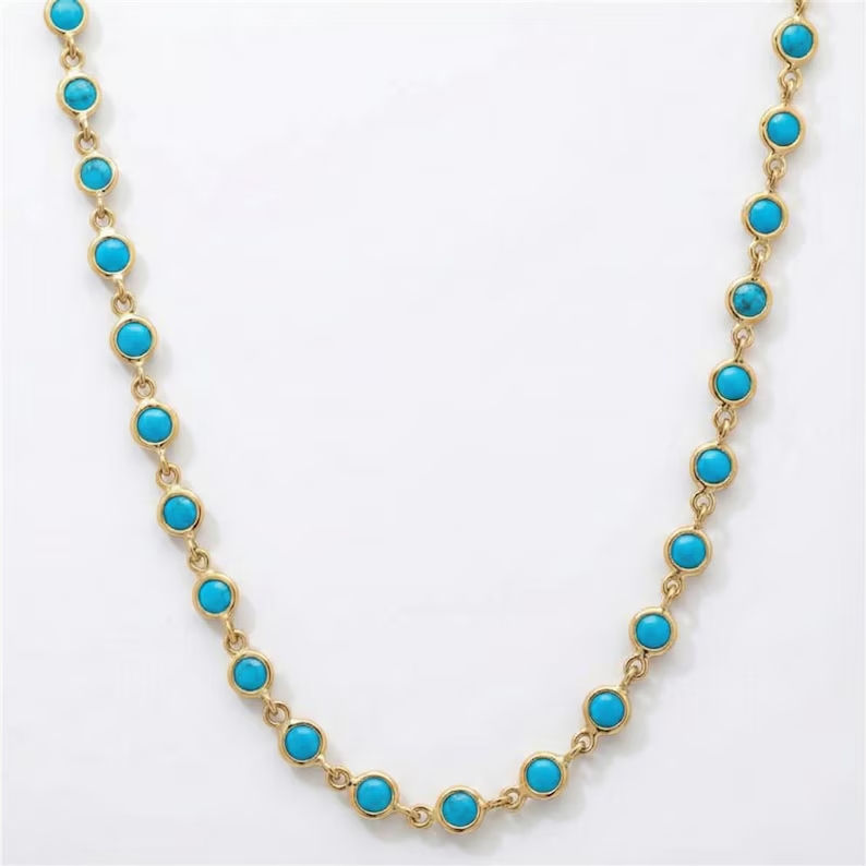 Thumbnail: Distance Arizona Turquoise Layering Chain Necklace In Solid 14k Yellow Gold
