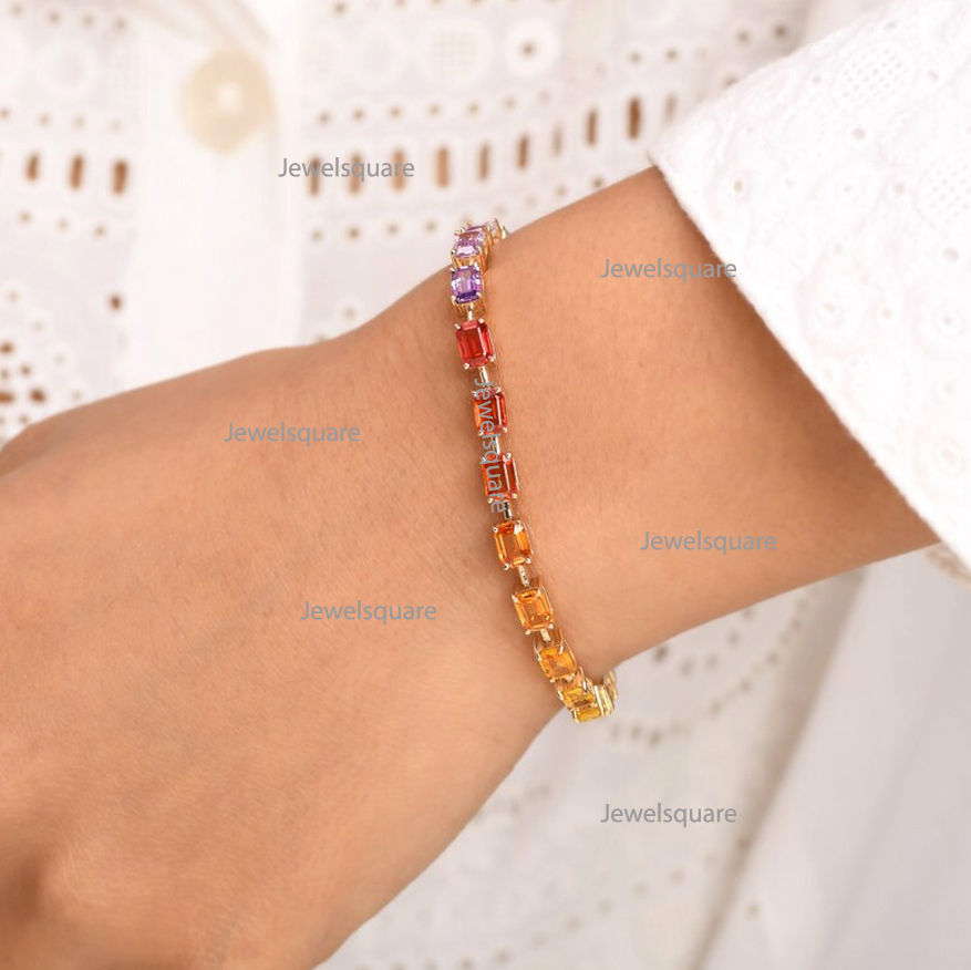 Thumbnail: Emerald Cut Natural Rainbow Sapphire Tennis  Bracelet in 14K Solid Gold