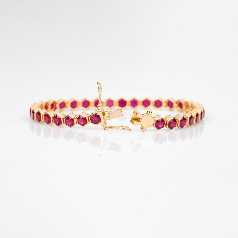 Thumbnail: Hexagon Ruby Gemstone Tennis Bracelet In Solid 14K Yellow Gold Wedding Gift