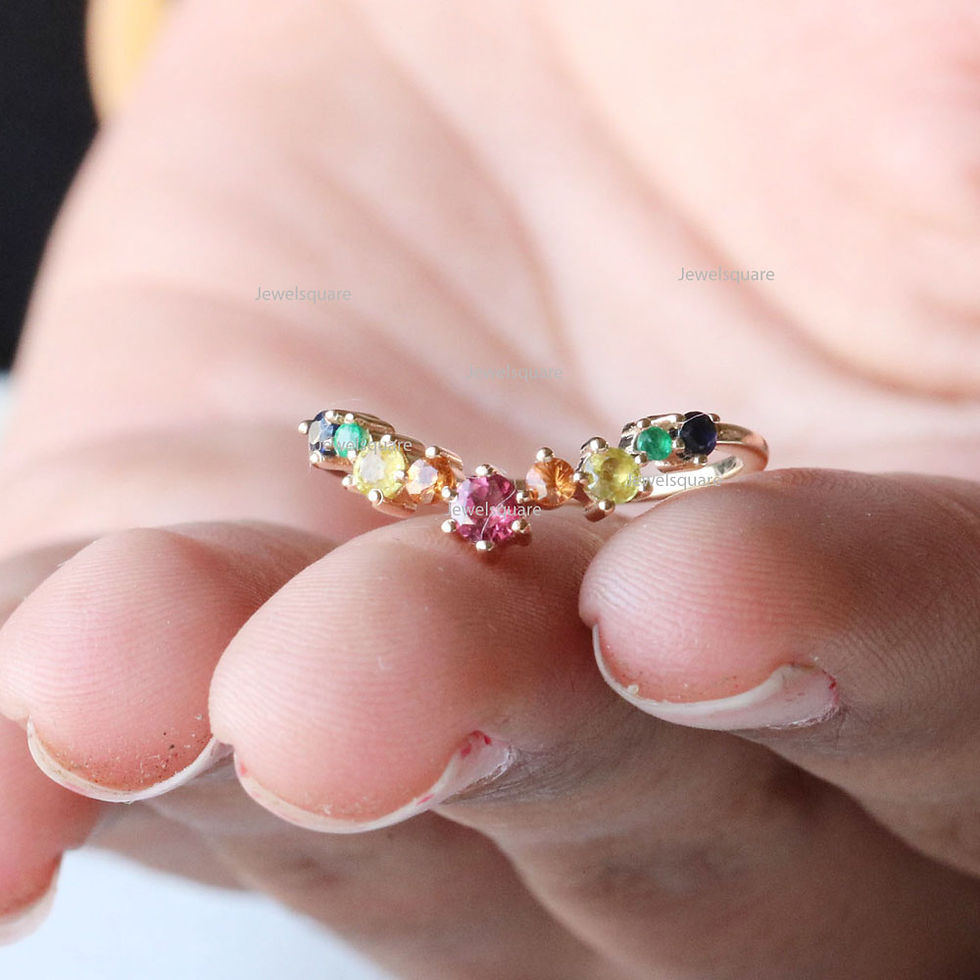Thumbnail: Genuine Multi Sapphire V Carves Band Ring in 14k Yellow Gold Ring.