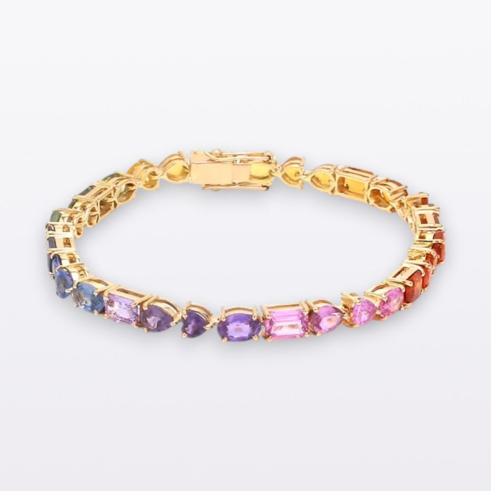 Emerald Cut & Mix Shape Rainbow Sapphire in 14K Yellow Gold Tennis Bracelet