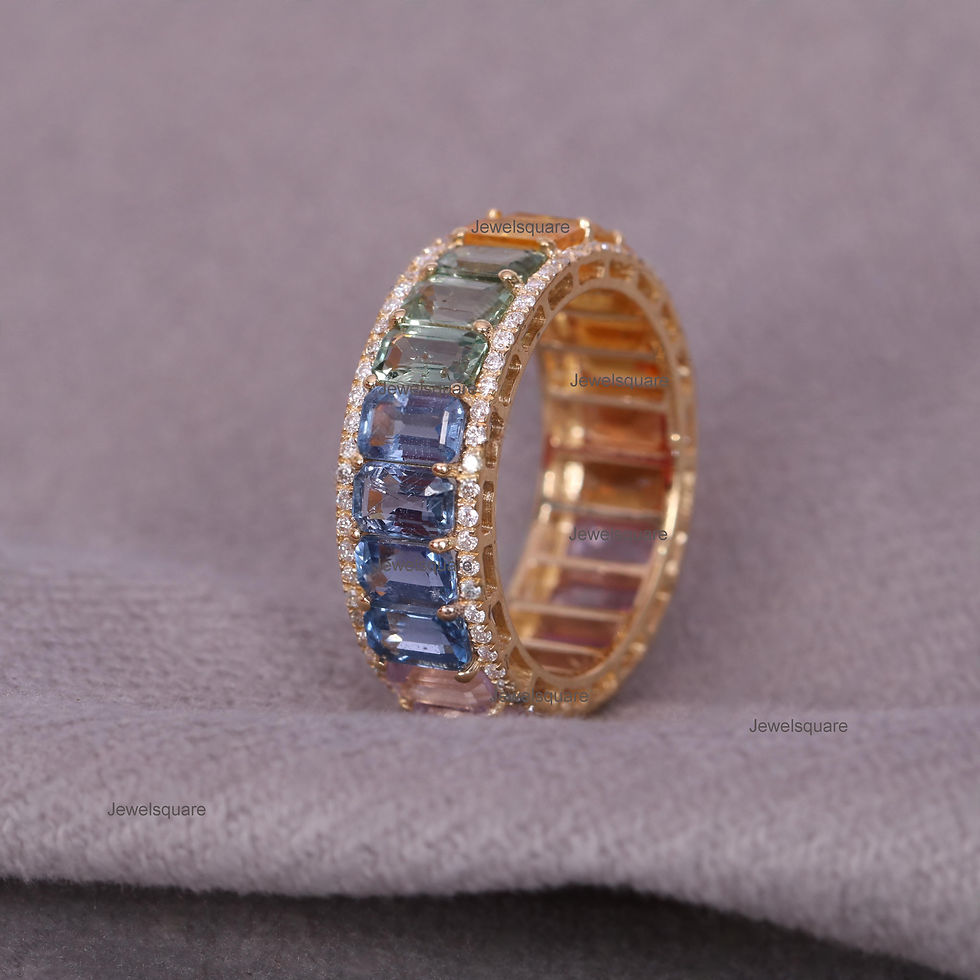 Thumbnail: Emerald Cut Rainbow Sapphire &Real Diamond Eternity Band Ring14k Gold Ombre Band