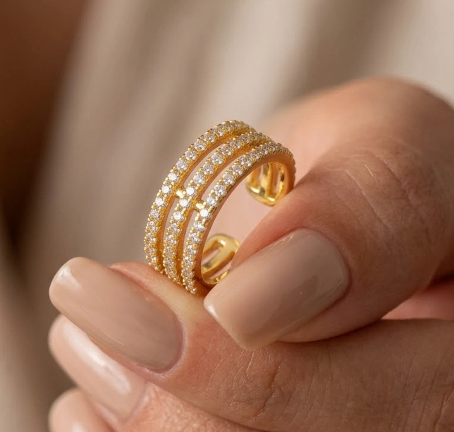 Diamond Three Row Cuff Earrings Solid 14KYellow Gold Anniversary Gift ( Single )