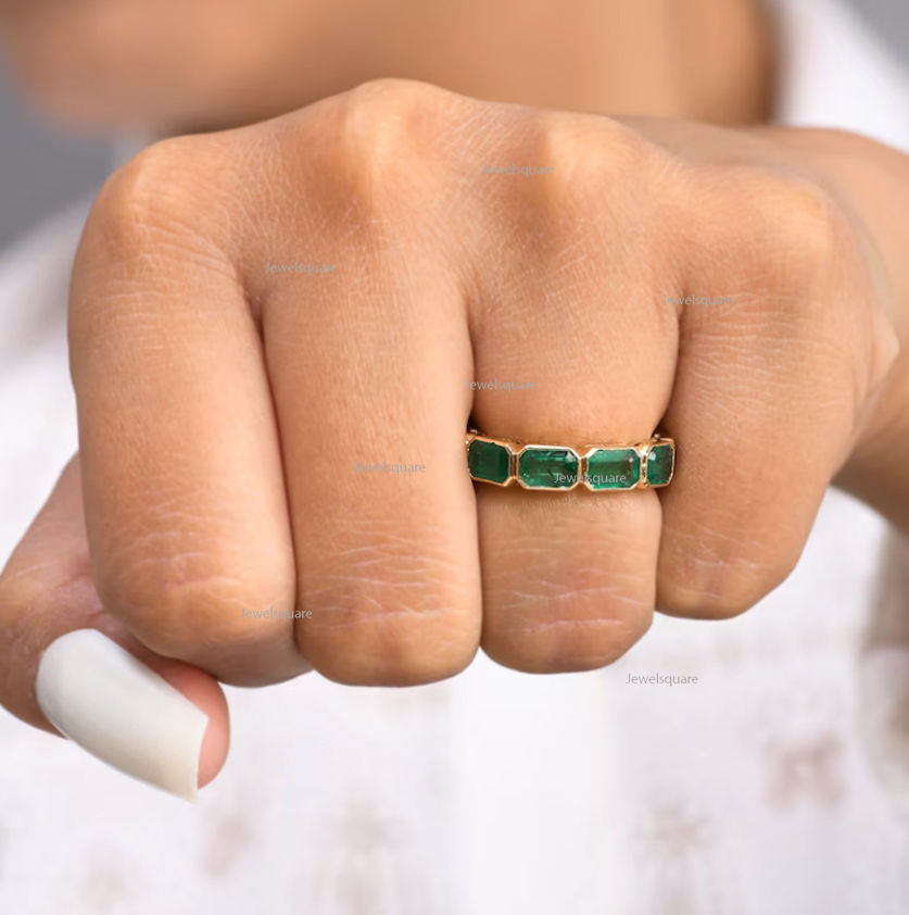 Thumbnail: Emerald Cut Natural Emerald Full Eternity Wedding Band, 14k Yellow Gold Ring