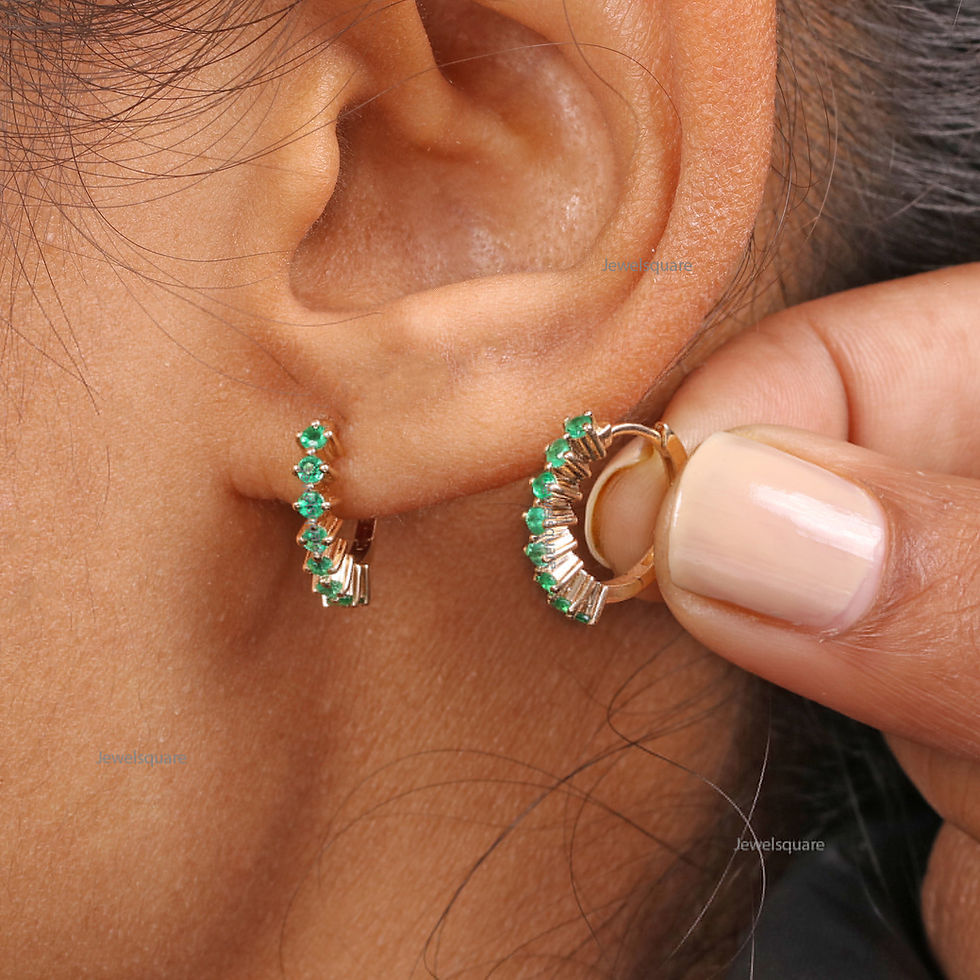Thumbnail: Genuine Emerald 14k Yellow Gold Hoops, Mini Spike Look Huggie Hoops Earrings