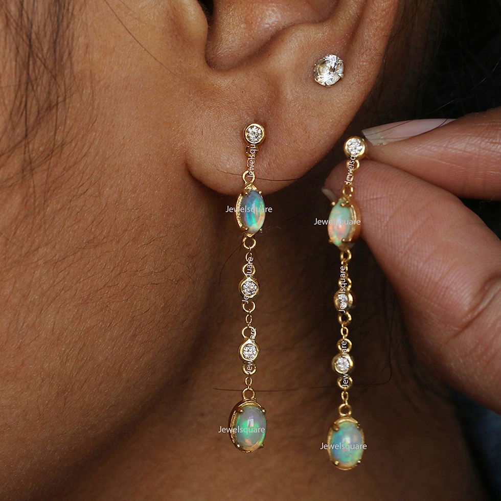 Thumbnail: 14k Yellow Gold Marquise & Oval Ethiopian Opal With Diamonds Drop Chain Earrings