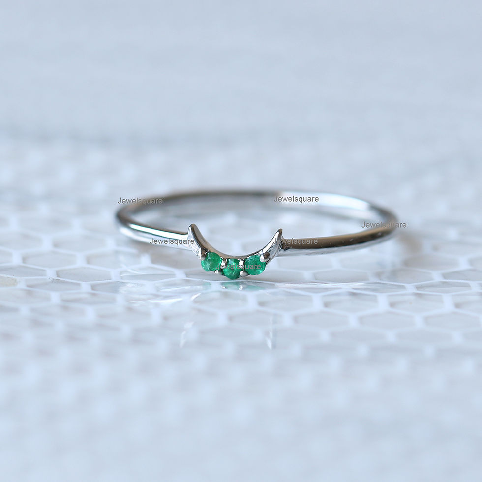 Thumbnail: Emerald Crescent Wedding Band Ring In Solid 14k White Gold, Handmade Fine .