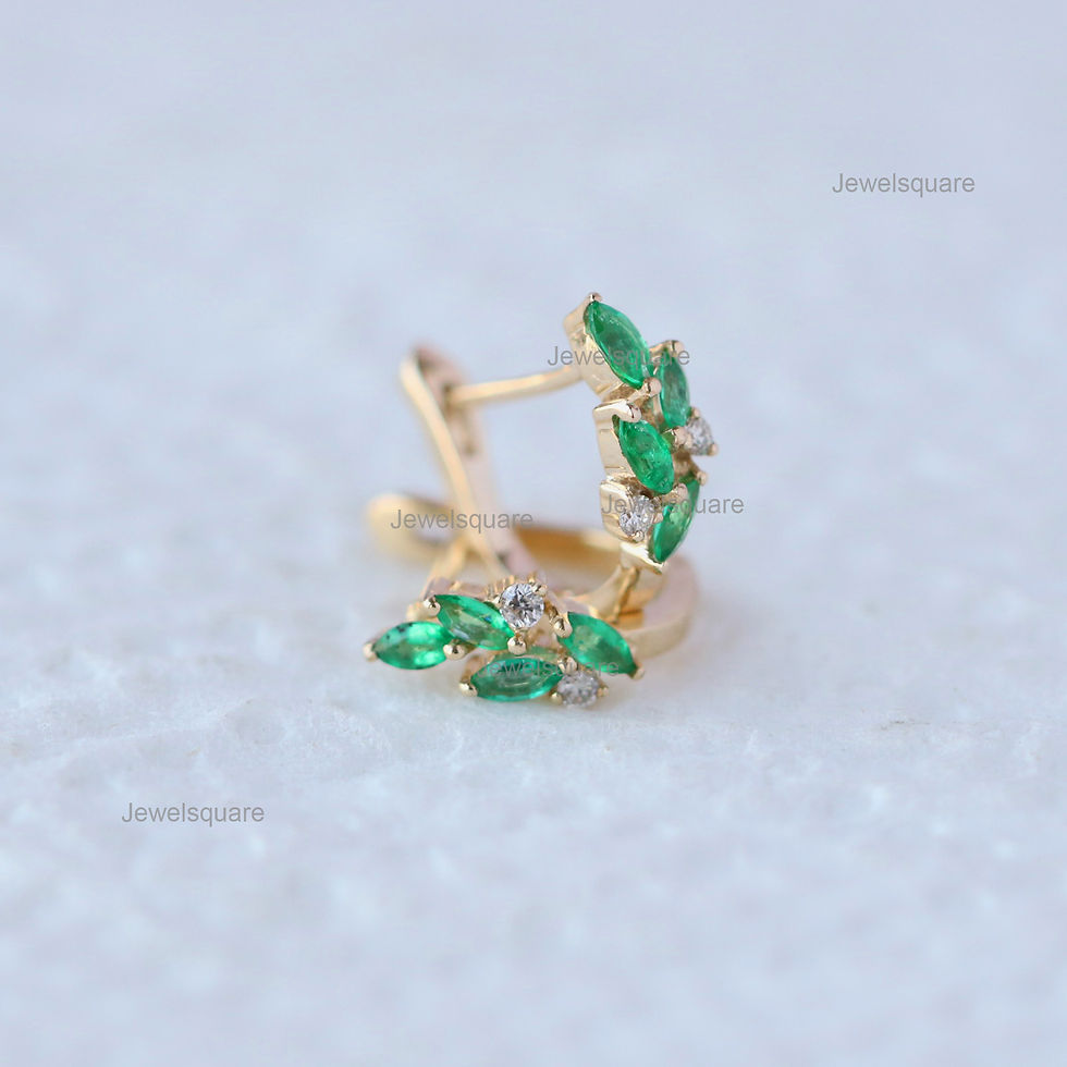 Thumbnail: 14k Yellow Gold Natural Emerald & Diamond Hoop Earrings, Cluster Huggie Hoops