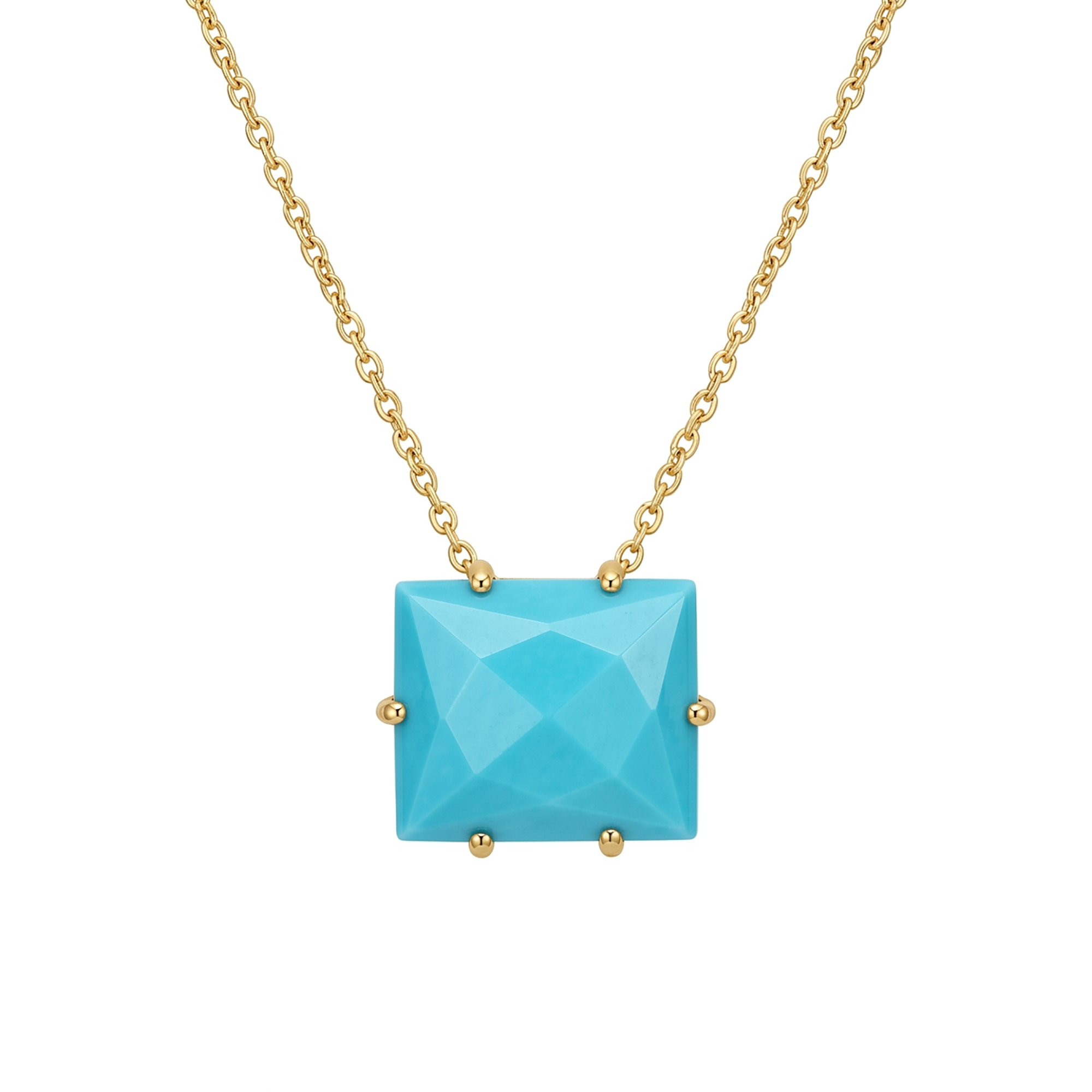 Solitaire Rose Cut Baguette Turquois Chain Necklace In Solid 14K Yellow Gold