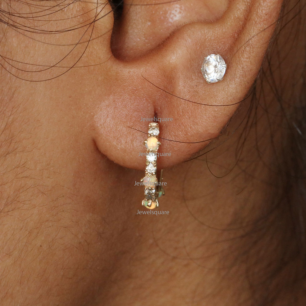 Thumbnail: Solid 14k Yellow Gold Hoops, Ethiopian Opal & Natural Diamonds Hoops.