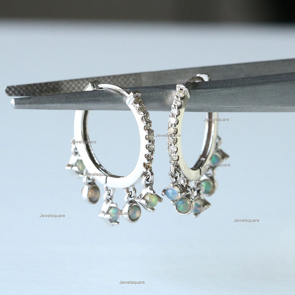 Thumbnail: Square & Round Ethiopian Opal & Real Diamonds Drop Hoops Earring 14k White Gold