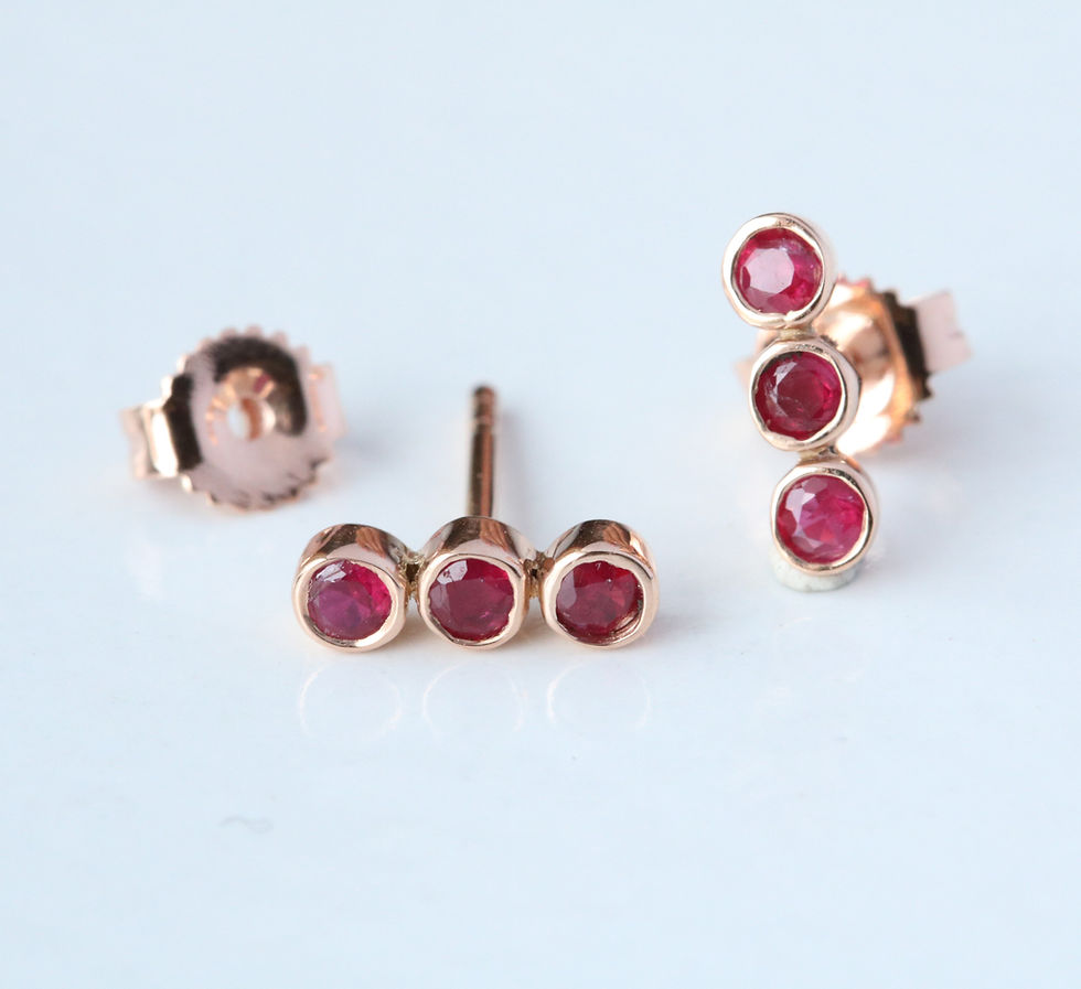 Thumbnail: Trio Ruby Gemstone Tiny Bar Studs Earrings, Solid 14KYellow Gold Jewelry