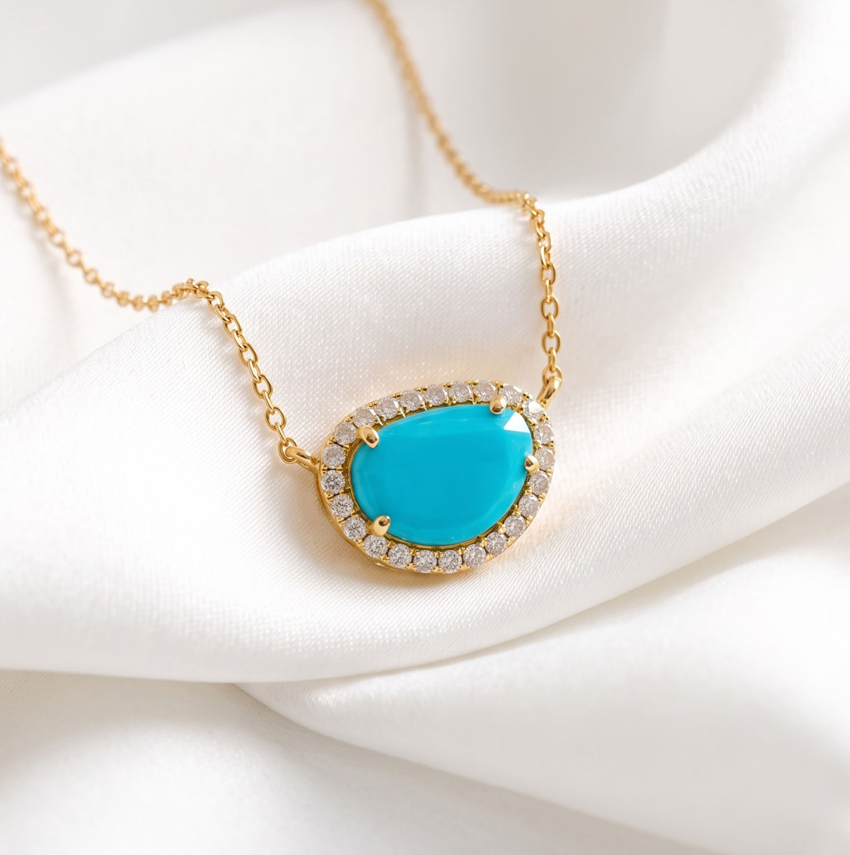 Uneven Turquoise & Diamond Chain Necklace, Solid 14KYellow Gold Anniversary Gift